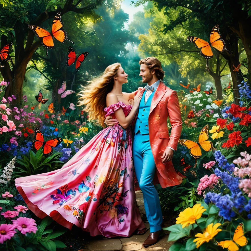 A vivid representation of two lovers joyfully expressing themselves in a lush, free-spirited garden, surrounded by colorful flowers and butterflies, embodying the essence of libertine love. Their clothing is vibrant and flowing, signifying openness and freedom, with light streaming through the trees, creating a magical atmosphere. Super-realistic. Vibrant colors. Nature-inspired.